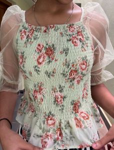 Floral Smocked Top with Sheer Sleeves