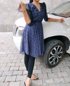 Blue Coloued V Neck Middi