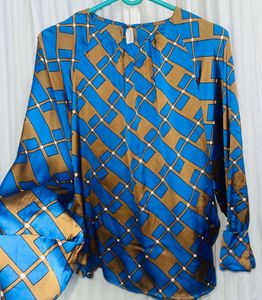 Women's Long Sleeves Blouse Multicolor Blue & Brow