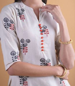 Off-White Printed Cotton Straight Kurta With Trous