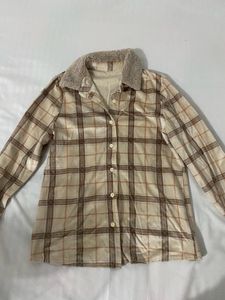 Fuzzy Trim Plaid Button-Up
