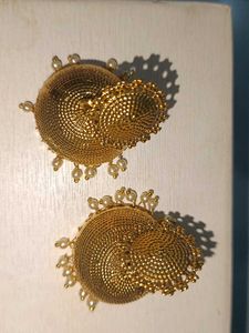 Gold Jhumka Earrings with Drops