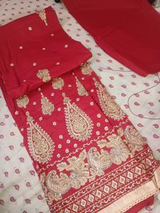 Red Pure Cotton Embroidered Dress Material