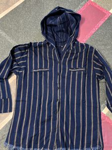 Navy Blue Striped Hoodie Style Shirt