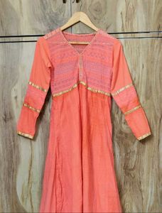 Coral Colour Cotton Long Designer Kurti Size-34