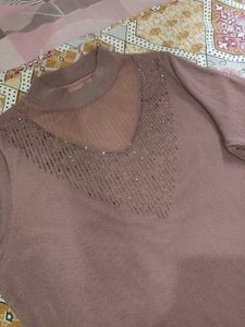 Dusty Mauve Rhinestone Embellished Mesh Knit Top ✨