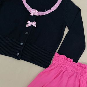 Bow Accent Fitted Crop Black Cardigan
