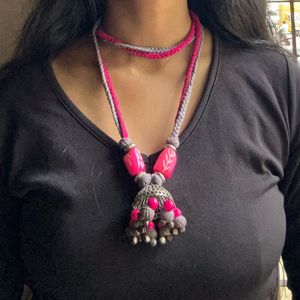 Oxidised German Silver Pink Thread Neckpiece