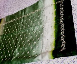 Elegant Green &amp; White Embroidered Saree