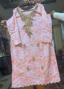 Pure Soft Cotton Peach Embroidered Kurta Set