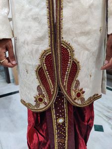 Men Sherwani Dhoti Stitched Set -Offwhite &amp; Maroon