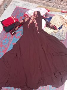 Brown Flared Embroidered Gown