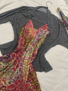 Boho Print Dress with Grey Shrug