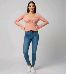 Peach V-Neck Long Sleeve Top