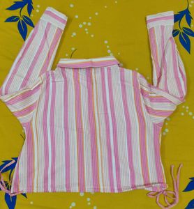 Striped Button-Down Crop Top with Full Sleeves – S