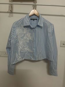 FRENCH CONNECTION Blue Stripe Crop Shirt