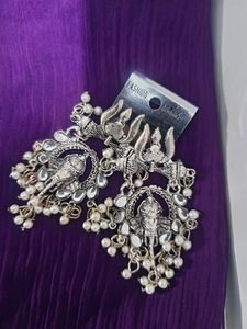 Elephant &amp; Trishul Silver Earrings