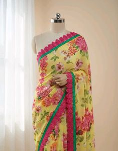 Floral Print Saree with Lace , unstitched blouse p