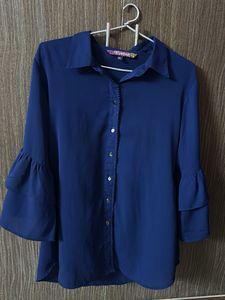 Blue Ruffle Sleeve Blouse