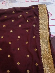 Maroon &amp; Gold Embroidered Saree Set