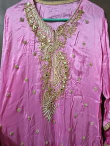 pink colorblocked kurta with embroidery