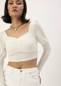 Off White Sweatheart Neck Puff Sleeves Top