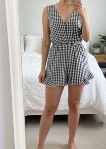 Gingham V-Neck Romper with bow