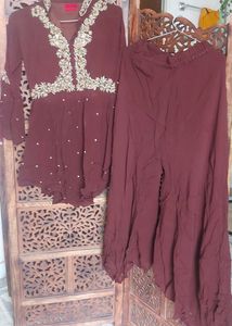 Dark Brown Coffee Colour Short Frock Kurta With Plazo... Beautiful Hand Work U Can See In Video