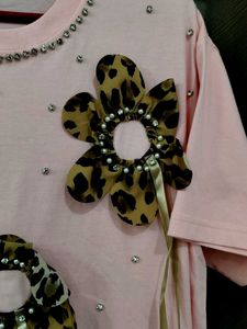 Pink Leopard Floral Embellished Tee