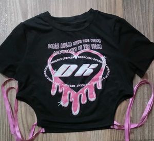 Black Graphic Crop Top with Pink Ribbon Ties