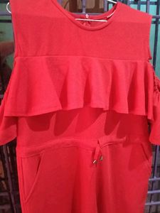 Red Ruffle Cold Shoulder Romper