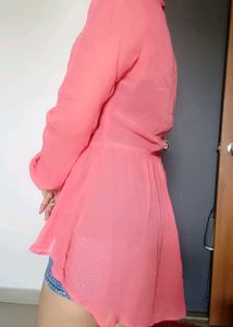 Pink Sheer Button-Down Peplum Top