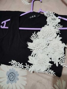 OAK Black Tank Top with Floral Applique