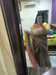 Khaki and pink saree