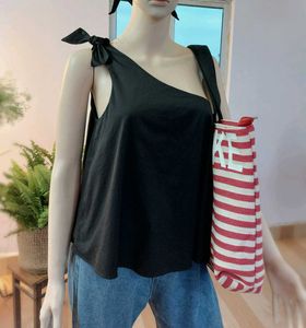 Thrifted One-Shoulder Side Tie Flared Top