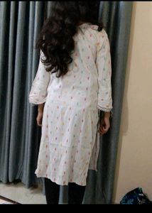 white printed cotton mix rayon kurti long straight