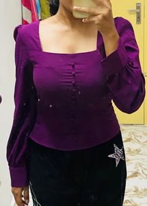 Deep Purple Square Neck Puff Sleeve Button
