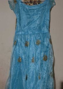 Long Blue &amp; Gold Embroidered Party Dress