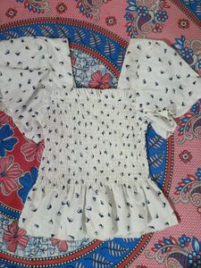 Smocked White Diamond Print Top