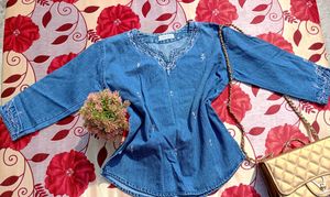 Embroidered Denim Short Kurti