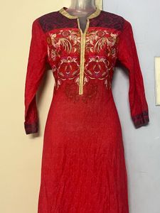 Embroidered Pure Cotton Red Kurta