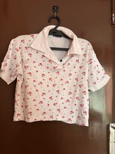White Floral Print Polo Crop Tshirt