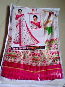 Elegant White &amp; Pink Saree