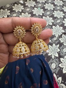 white AD Stone Golden Jhumka  For Women’s &amp; Girls
