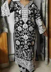 Ganderi Women&#39;s Georgette Chain Work Embroidered Kurta And Palazzo With Dupatta Set