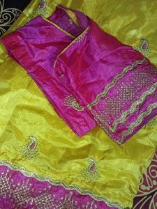 Yellow Silk Saree with Pink Embroidered Border