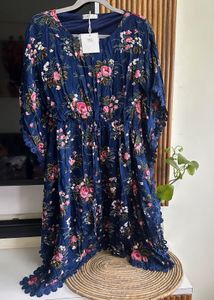 Blue Floral Print Mini Kaftan, Size 36-38