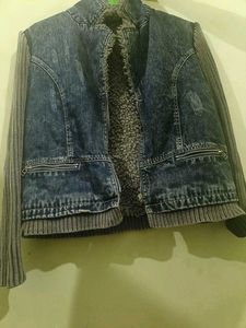 Denim Jacket with Knit Sleeves