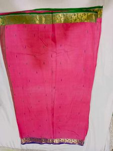 Pink Cotton Saree with Gold Accents