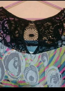 Abstract Print Top with Lace Detail